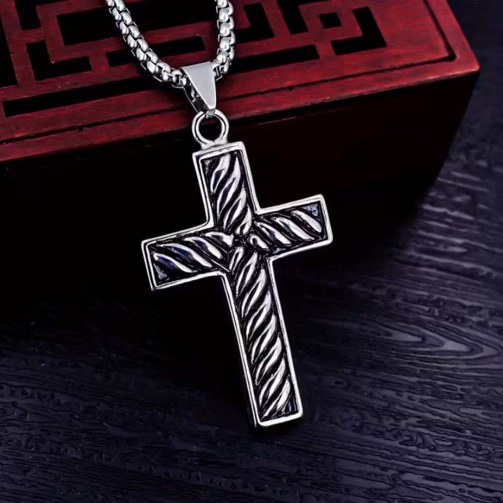 925 Silver Mens 24" Chain Link Cross Crucifix Necklace Guys Christian Jewelry